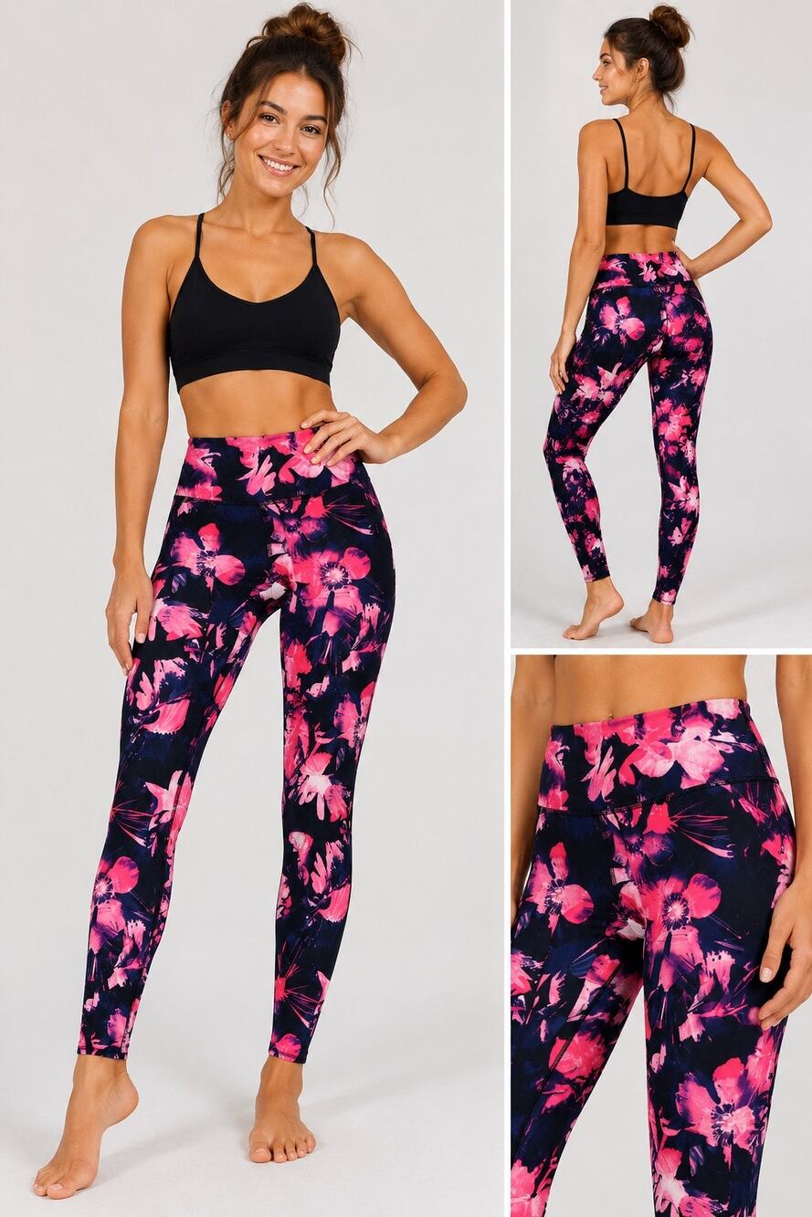 NWT Energie Black Pink Floral Mid Rise Yoga Leggings Performance Stretch Size XS